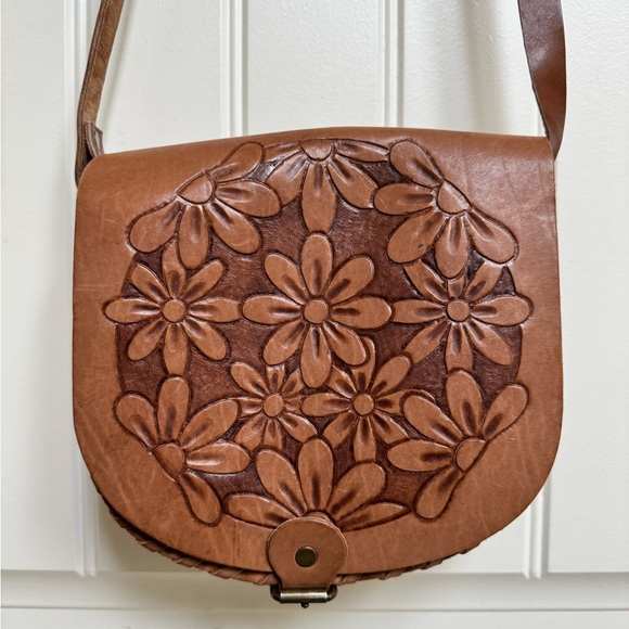 Handmade Handbags - Handmade Leather Floral Embossed Crossbody Mini Saddle Bag. 8” by 7.5” by 3”